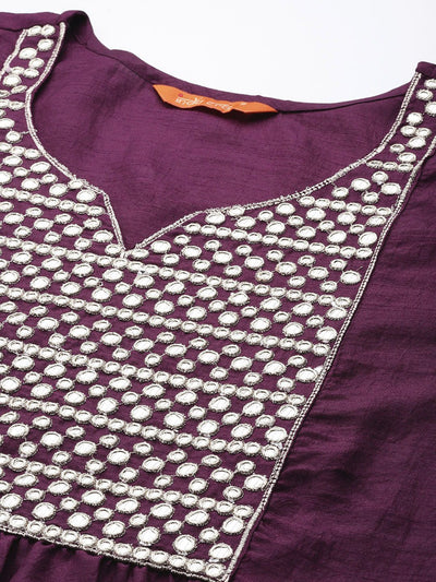 Dhiyona IE Women Purple Yoke Design Mirror Work Kurta with Trousers & With Dupatta