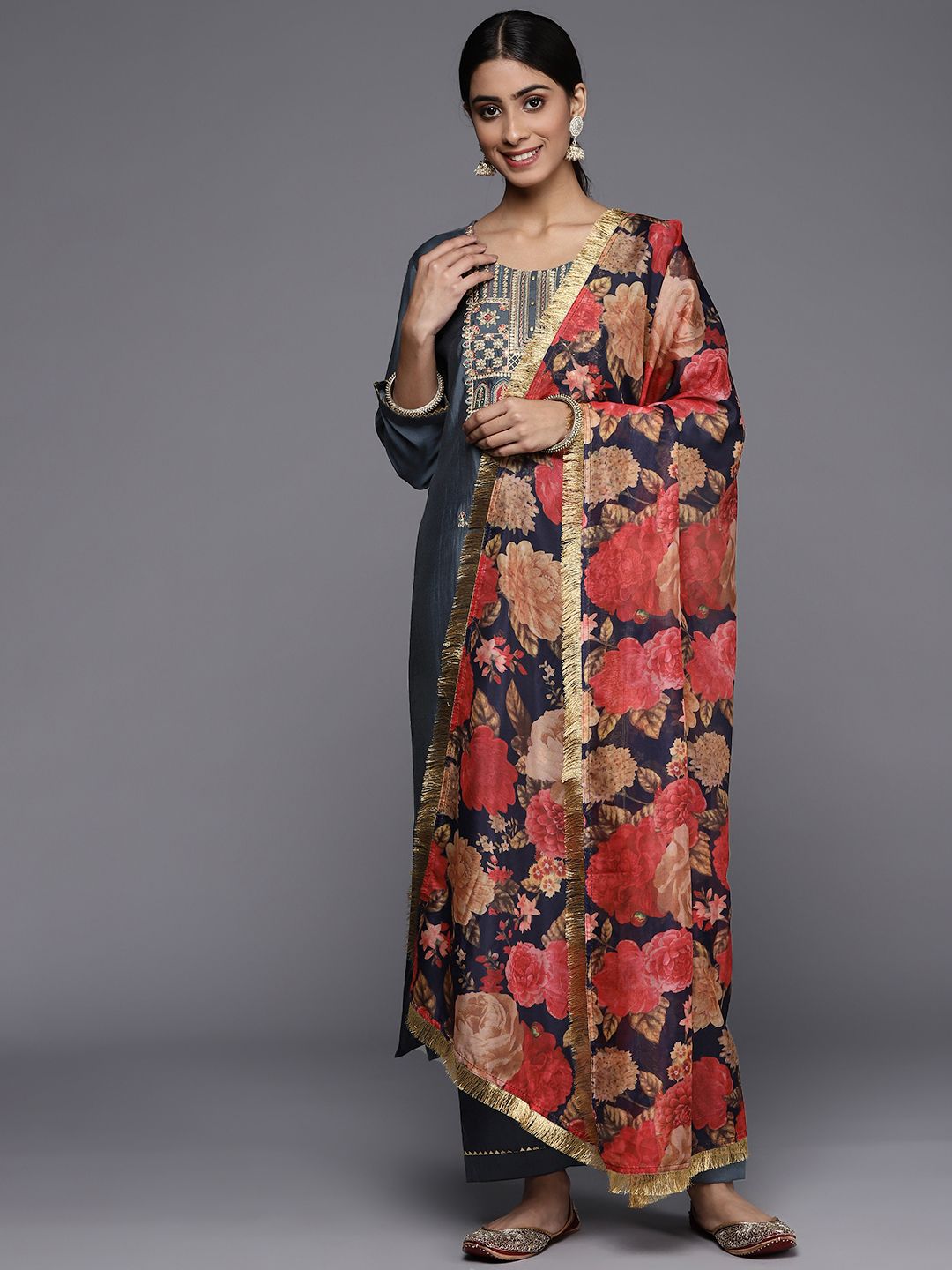 Indyancart VA Women's Grey Ethnic Motifs Yoke Design Mirror Work Kurta with Trousers & With Dupatta