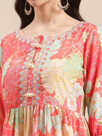 Indyancart VA Women's Coral Floral Printed Empire Kurta with Sharara & With Dupatta