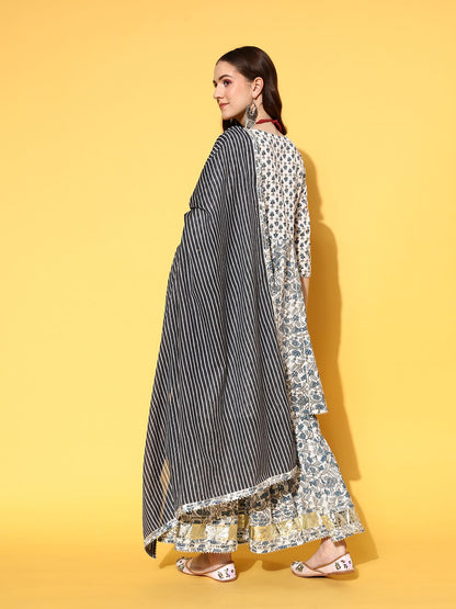Indyancart VA Women's Floral Printed Empire Pure Cotton Kurta with Sharara & With Dupatta