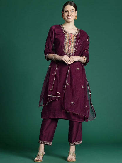 Indyancart IE Women Ethnic Motifs Embroidered Regular Thread Work Kurta with Trousers & With Dupatta