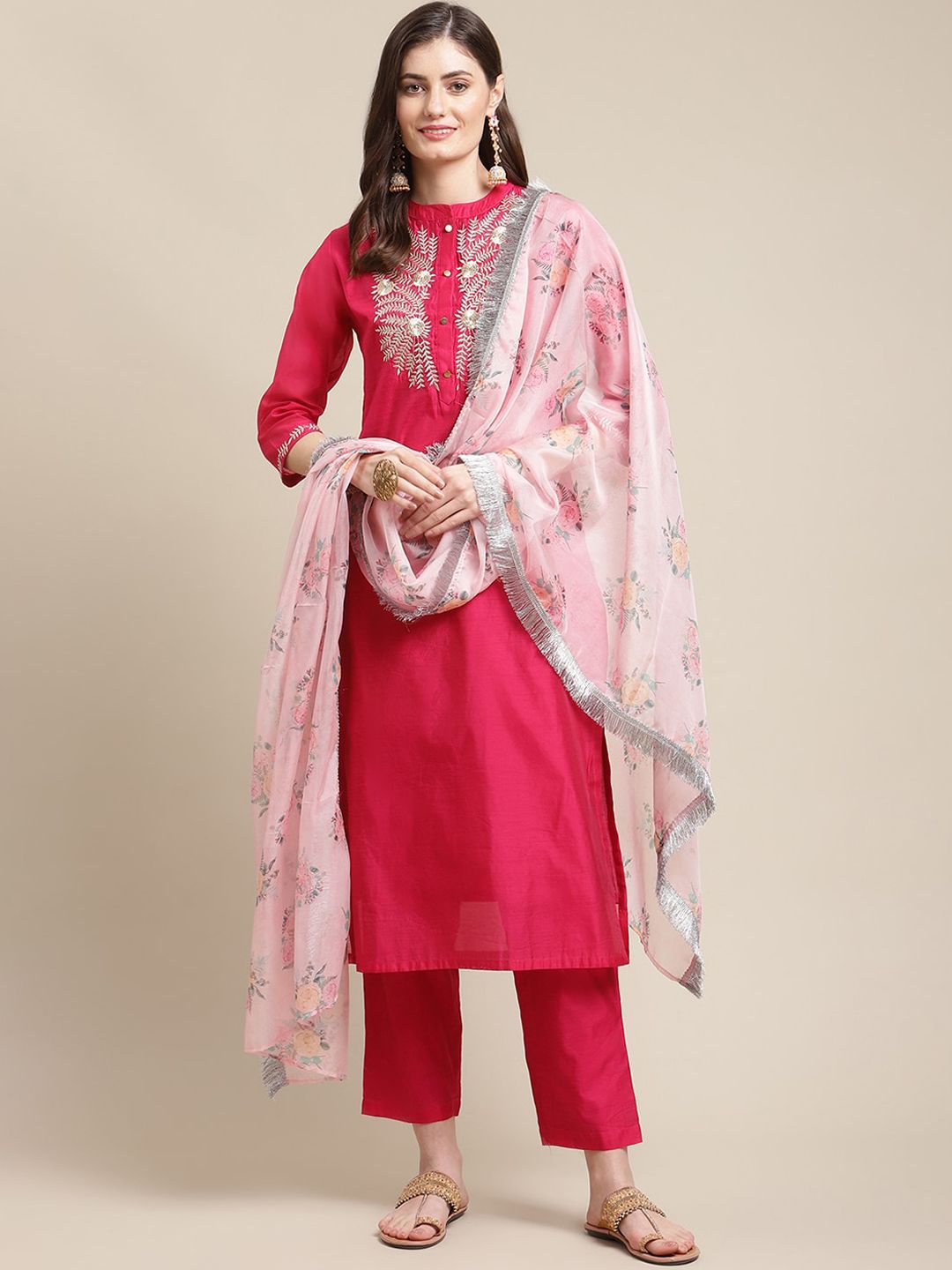 Indyancart VA Women's Magenta Floral Chanderi Silk Kurta with Trousers & With Dupatta