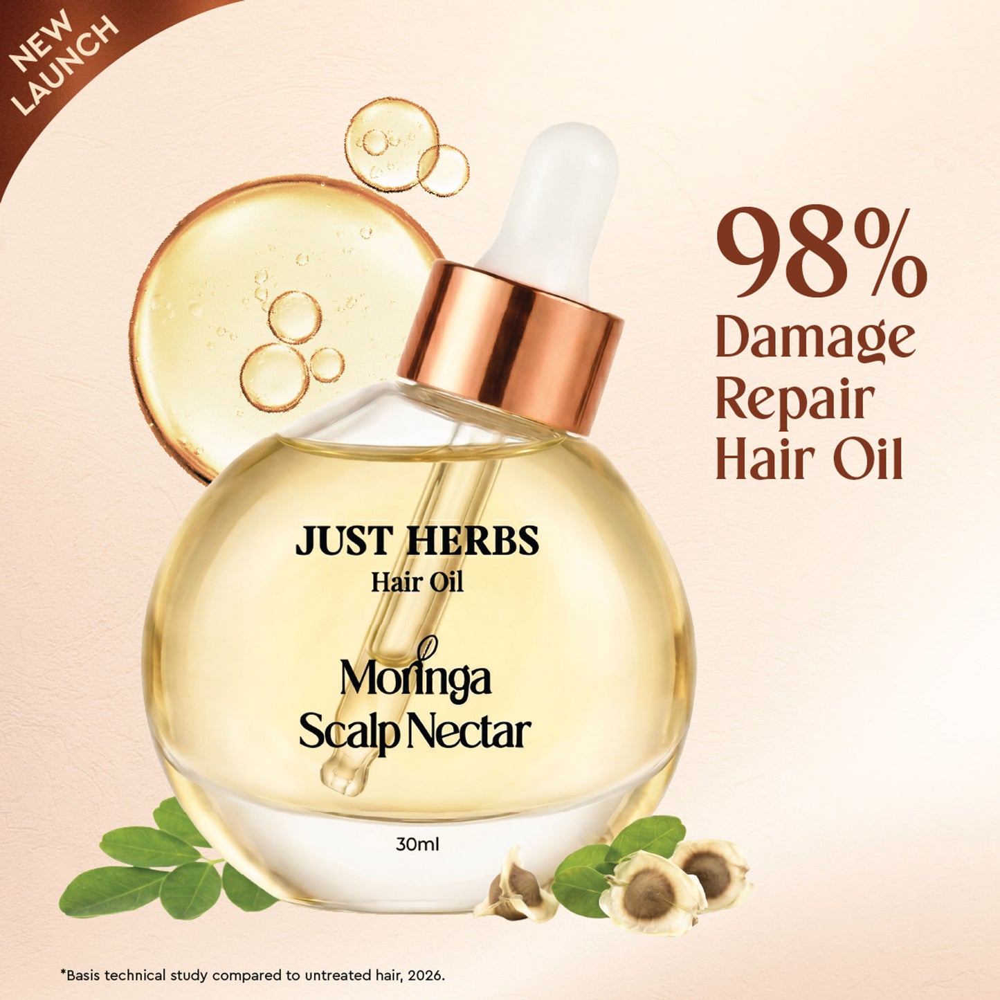 Just Herbs Hair Oil Moringa Scalp Nectar 99% Active Oil Infused Silicone Free, Paraben Free