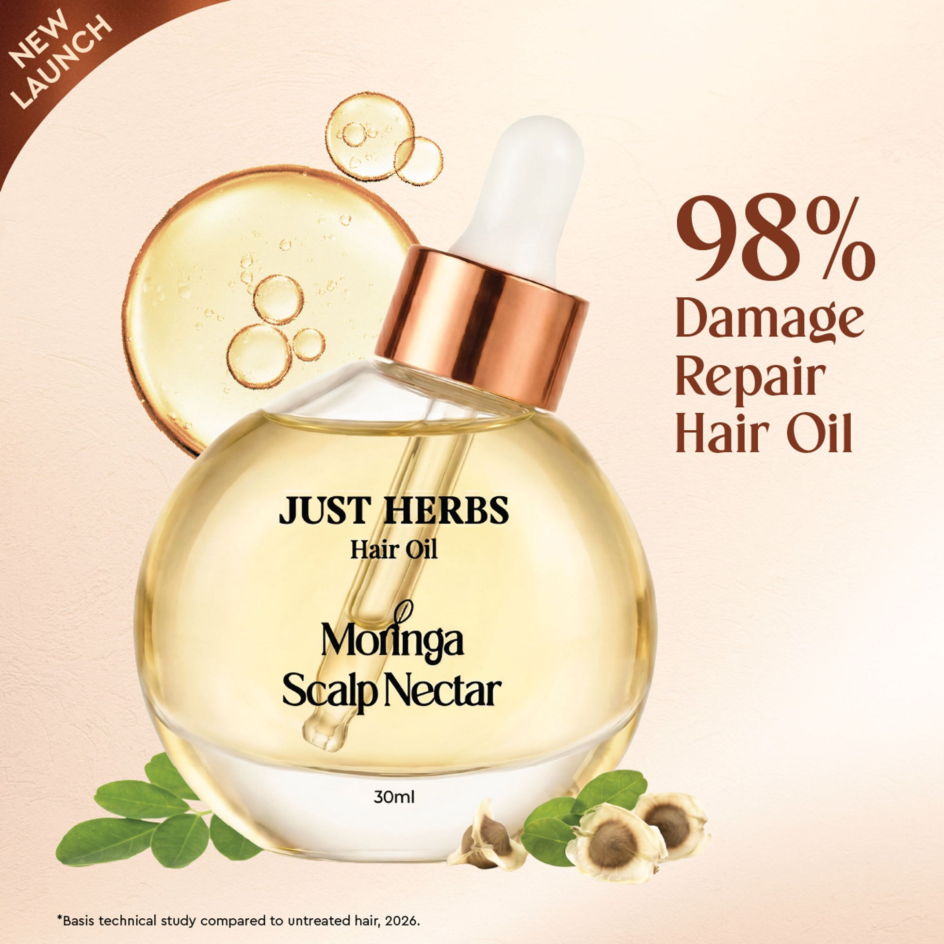Just Herbs Hair Oil Moringa Scalp Nectar 99% Active Oil Infused Silicone Free, Paraben Free