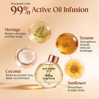 Just Herbs Hair Oil Moringa Scalp Nectar 99% Active Oil Infused Silicone Free, Paraben Free