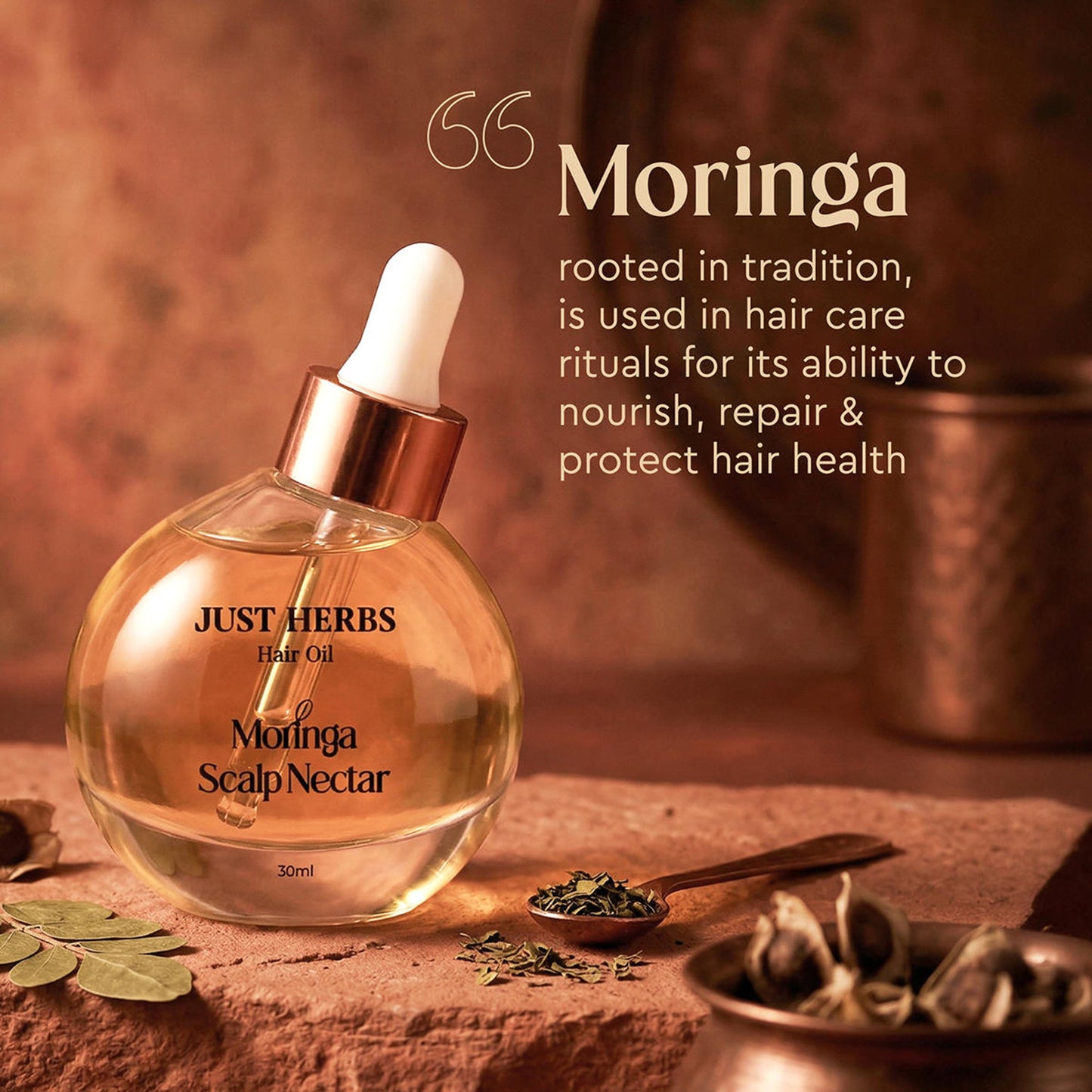 Just Herbs Hair Oil Moringa Scalp Nectar 99% Active Oil Infused Silicone Free, Paraben Free