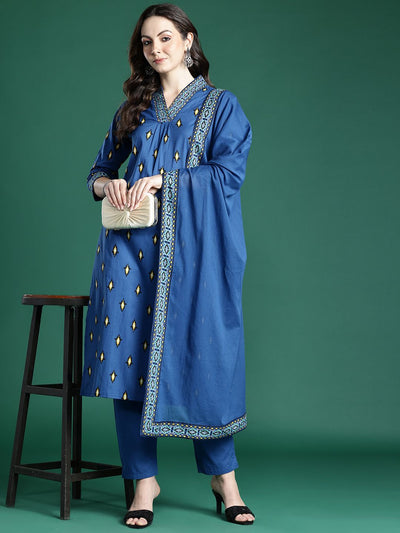 Indyancart IE Ethnic Motifs Embroidered Pure Cotton Kurta with Trousers & Dupatta