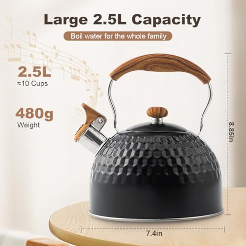 Supvox Whistle Kettle 2.5L Stainless Steel for Gas Stove, Black