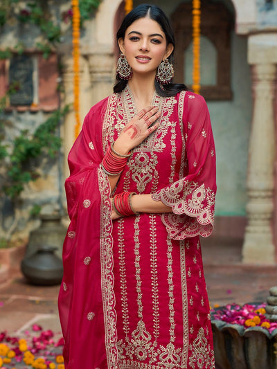 Indyancart IE Ethnic Motifs Embroidered V-Neck Zari Organza Kurta With Trousers And Dupatta