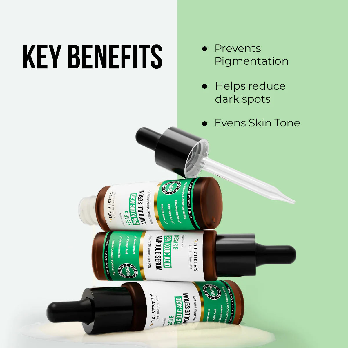Dr. Sheth's Kesar & Kojic Acid Serum bottle with dropper, showcasing the serum inside and the product label.