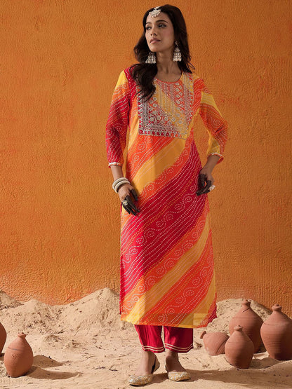 Indyancart IE Red Bandhani Printed Thread Work Georgette Straight Kurta
