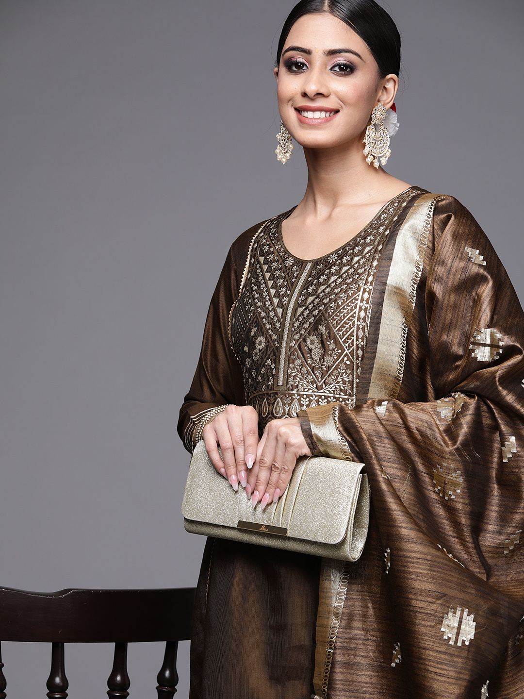 Dhiyona IE Women Brown Ethnic Motifs Yoke Design Kurta with Palazzos & With Dupatta