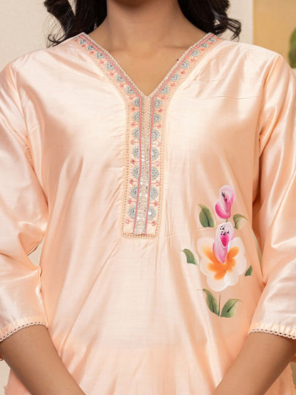 Floral Printed V-Neck Thread Work Straight Kurta with Trousers & Dupatta