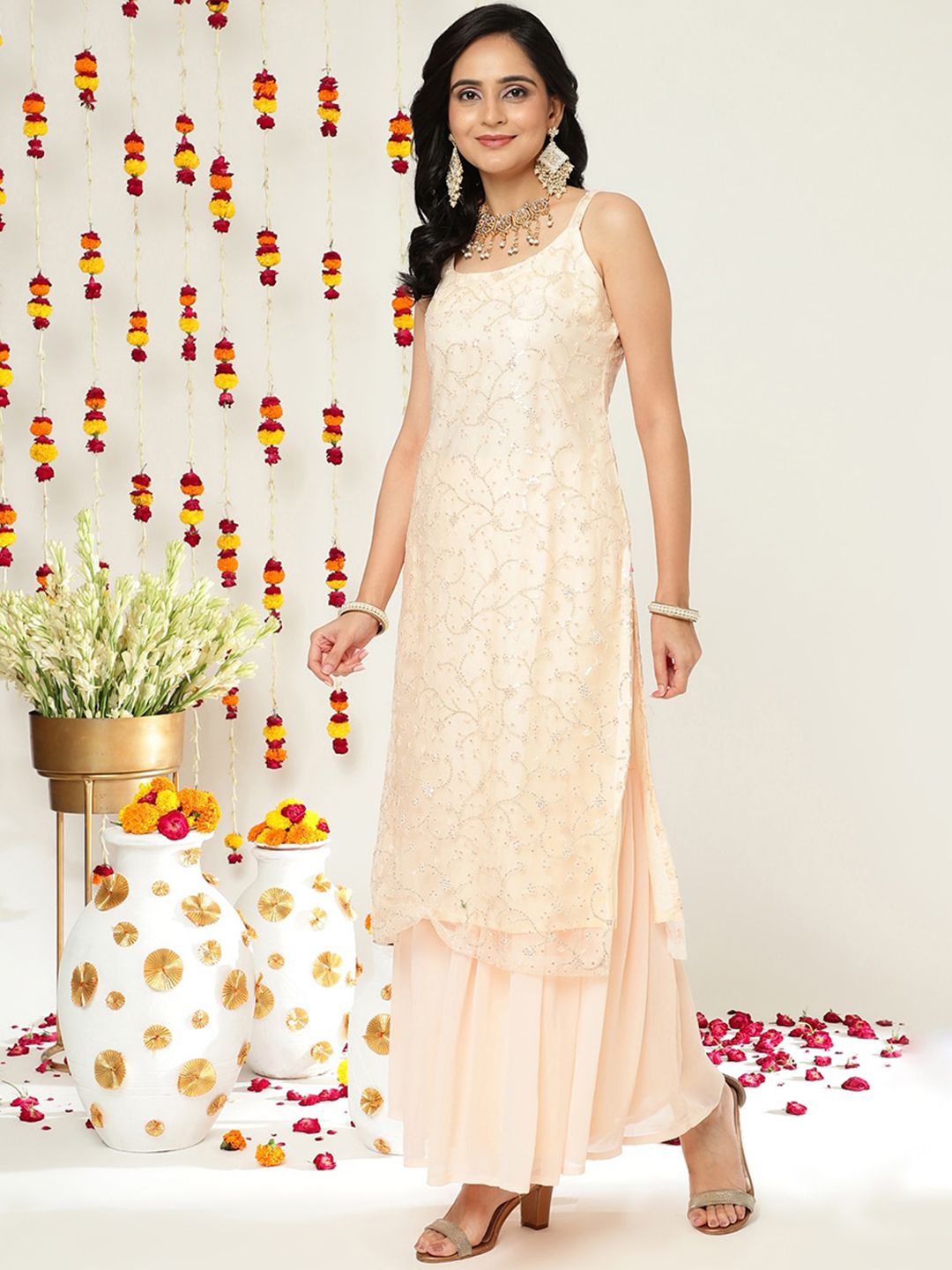 Indyancart VA Floral Embroidered Sequinned Straight Kurta & Sharara With Dupatta