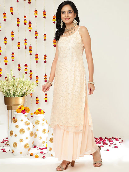 Indyancart VA Floral Embroidered Sequinned Straight Kurta & Sharara With Dupatta