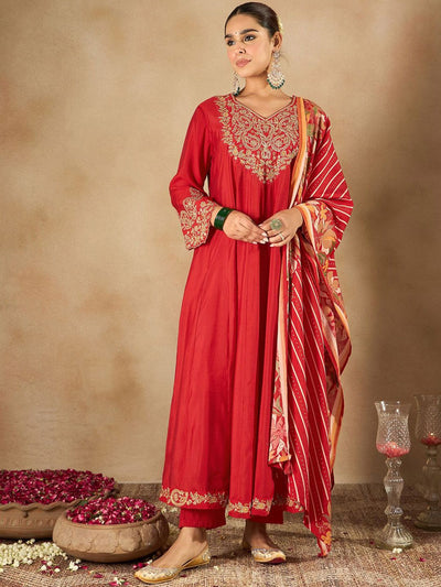 Indyancart IE Women Ethnic Motifs Embroidered Empire Kurta with Trousers & Dupatta