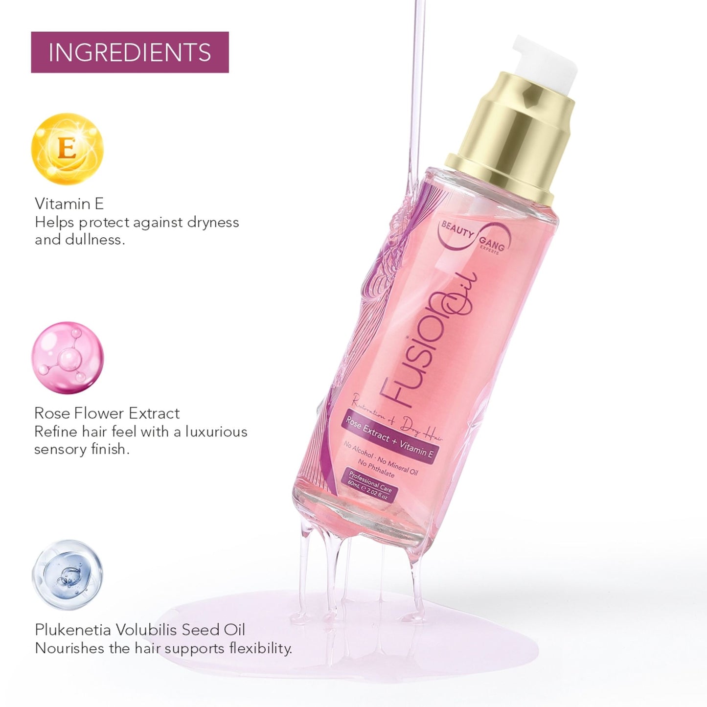 Beauty Gang Rose Extract Vitamin E Fusion Oil Hair Serum Keratin, D-Panthenol