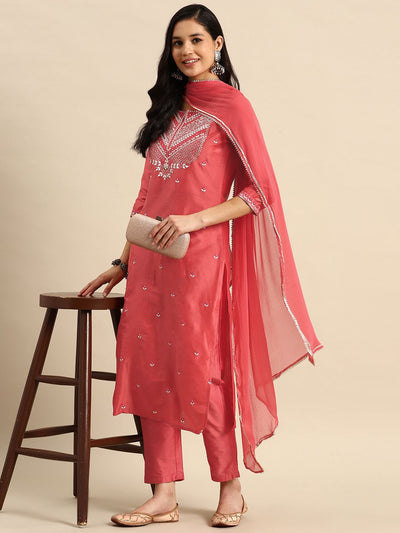 Indyancart SN Women's Floral Embroidered Sequinned Kurta with Trousers & Dupatta