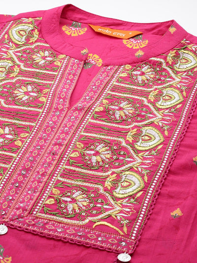 Indyancart IE Ethnic Motifs Printed Panelled Thread Work Pure Cotton Kurta with Trousers
