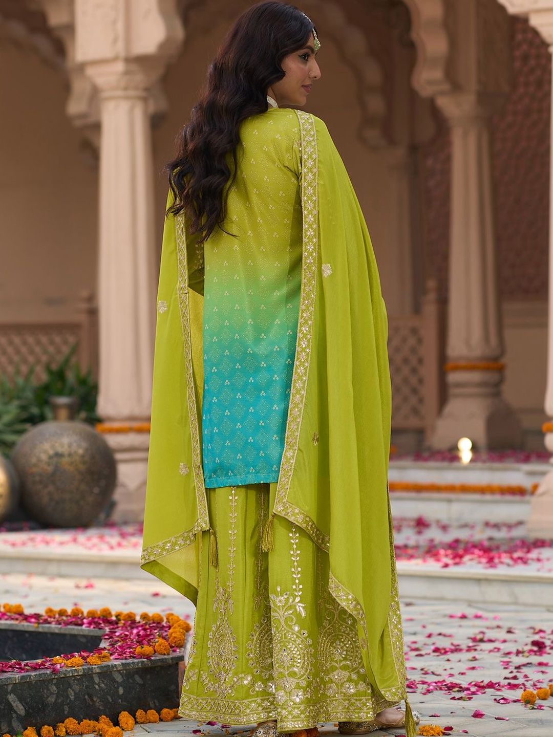Indyancart IE Women Ombre Embroidered Regular Kurta with Sharara & With Dupatta