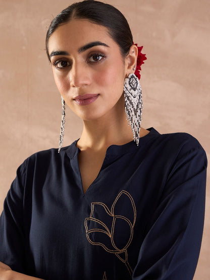 Floral Embroidered Mandarin Collar Thread Work Kurta With Trouser