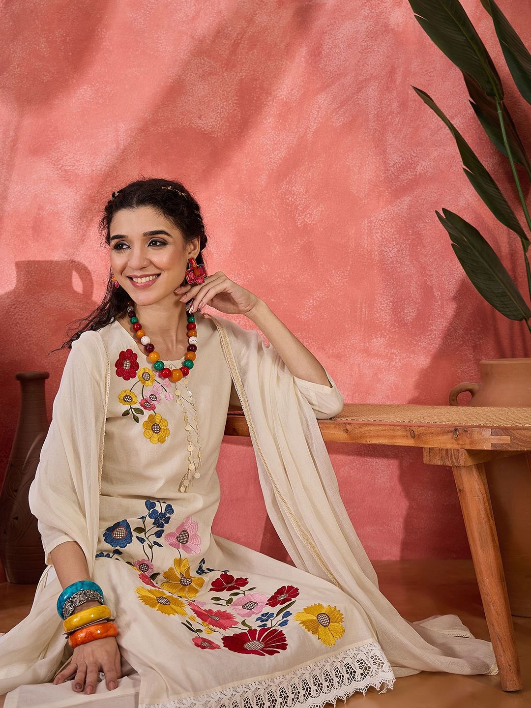 Indyancart SN Women's Embroidered Pure Cotton Straight Kurta &Trousers With Dupatta
