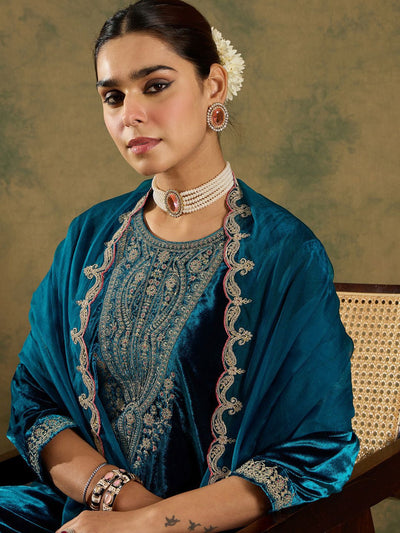 Indyancart IE Ethnic Motifs Embroidered Regular Velvet Straight Kurta with Trousers & Dupatta