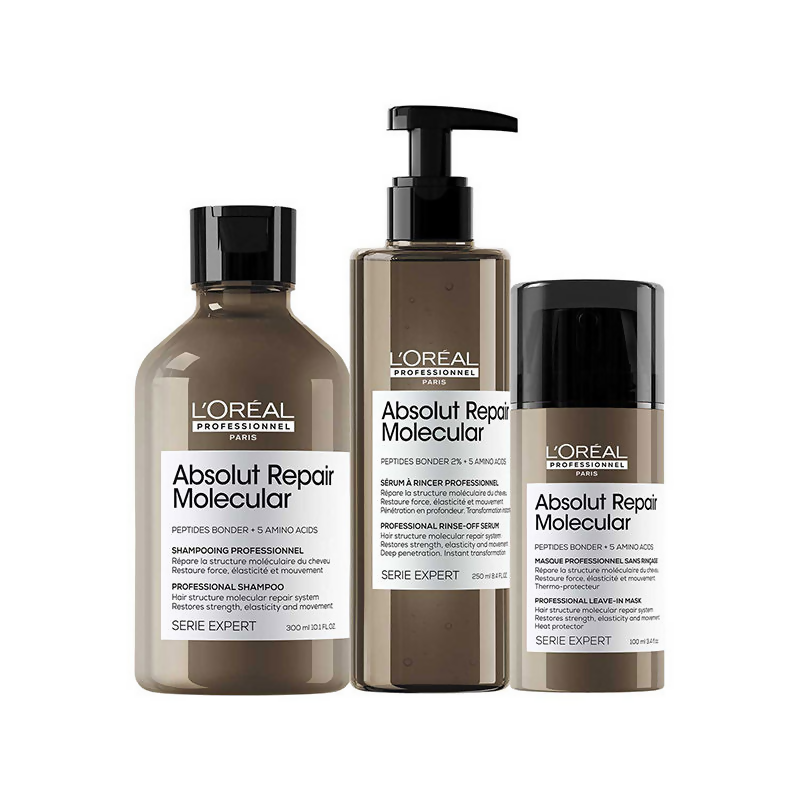 L'Oreal Paris Absolut Repair molecular shampoo, rinse-off serum, and leave-in mask for damaged hair, displayed in the image.