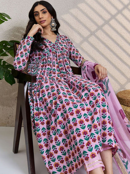 Women Floral Printed Empire Pure Cotton Kurta with Trousers & Dupatta