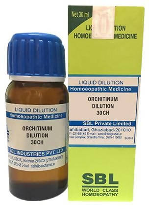 SBL Homeopathy Orchitinum Dilution bottle for wellness, with dropper cap and label showing product details.