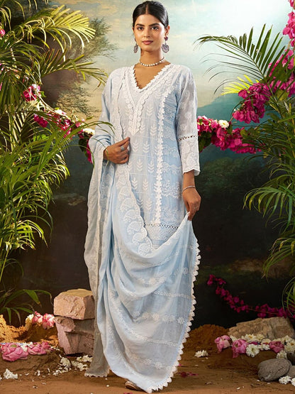Women Ethnic Motifs Embroidered Regular Chikankari Pure Cotton Kurta with Trousers & With Dupatta