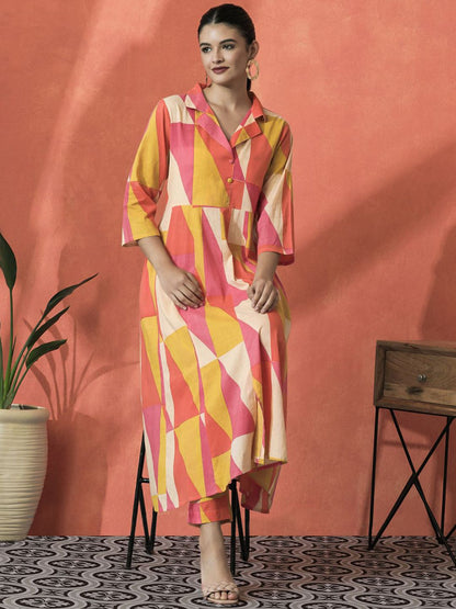 Indyancart SN Women's Colourblocked Shirt Collar A-Line Pure Cotton Kurta With Trousers