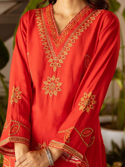 Indyancart IE Bandhani Embroidered Straight Sequinned Kurta With Palazzos & Dupatta