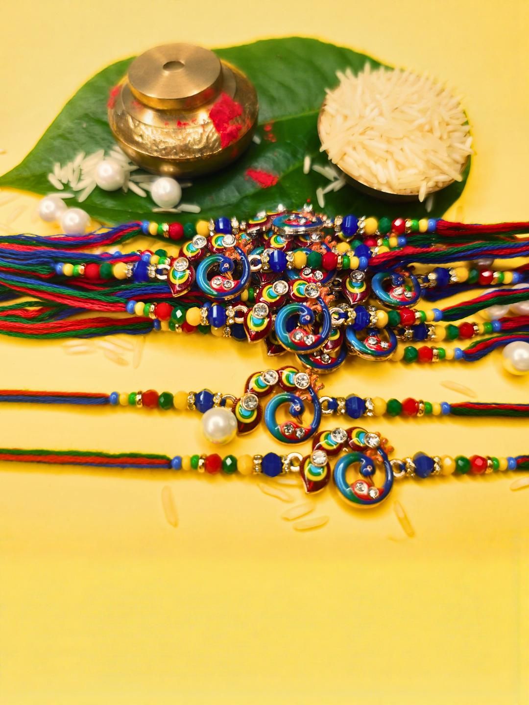 Anouk Set Of 12 Beaded Cotton Thread with AD Stones & Meenakari Designer Rakhi for Brother