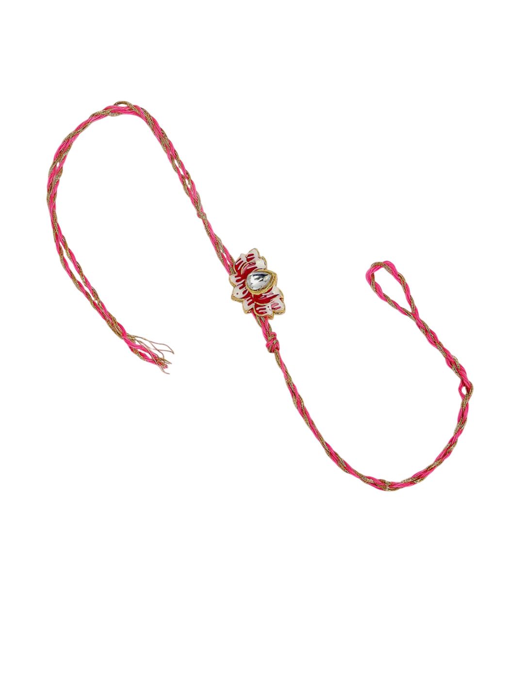 Anouk Unisex Set Of 2 Pink Lotus Shape Kundan-Studded & Beaded Wraparound Rakhi Set