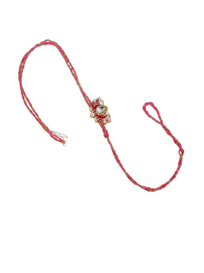 Anouk Unisex Set Of 2 Pink Lotus Shape Kundan-Studded & Beaded Wraparound Rakhi Set