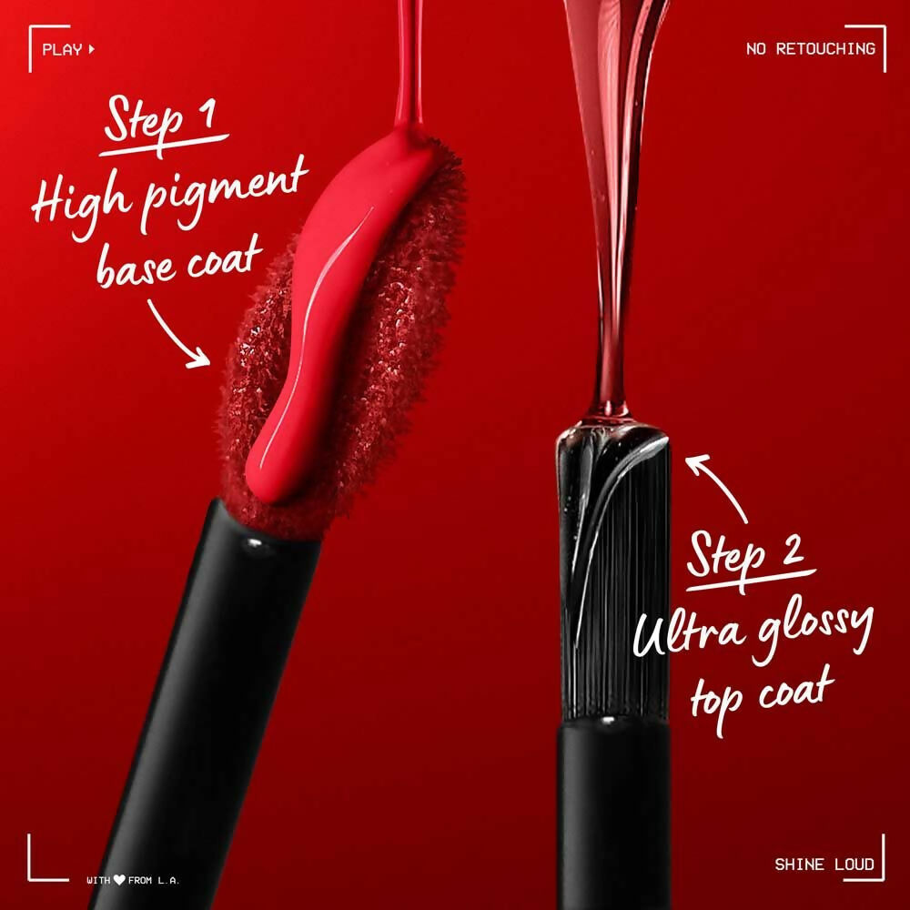 NYX Professional Shine Loud high-shine liquid lipstick in Rebel In Red, showing vibrant red lip gloss and lipstick swatch.