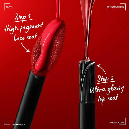 NYX Professional Shine Loud high-shine liquid lipstick in Rebel In Red, showing vibrant red lip gloss and lipstick swatch.
