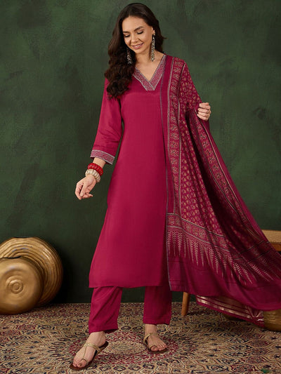 Indyancart SN Women's V-Neck Thread Work Straight Kurta With Trousers & Dupatta