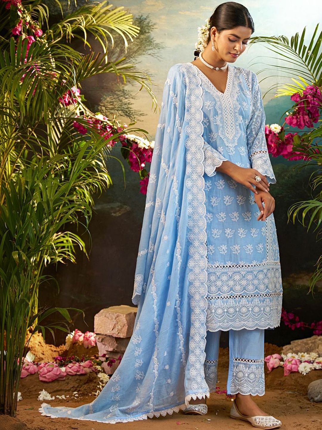 Women Ethnic Motifs Embroidered Regular Chikankari Pure Cotton Kurta with Palazzos & With Dupatta
