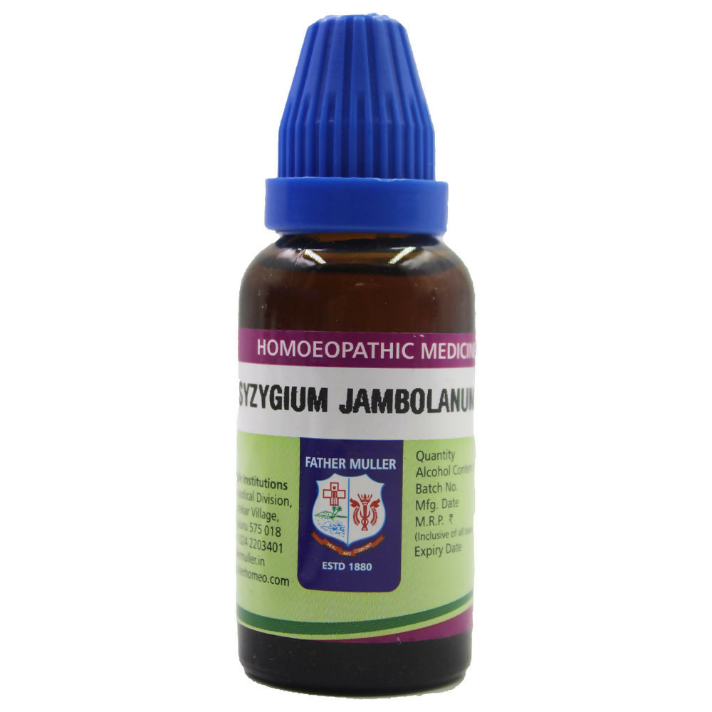 Father Muller Syzygium Jambolanum mother tincture bottle with label showing product details and brand name.