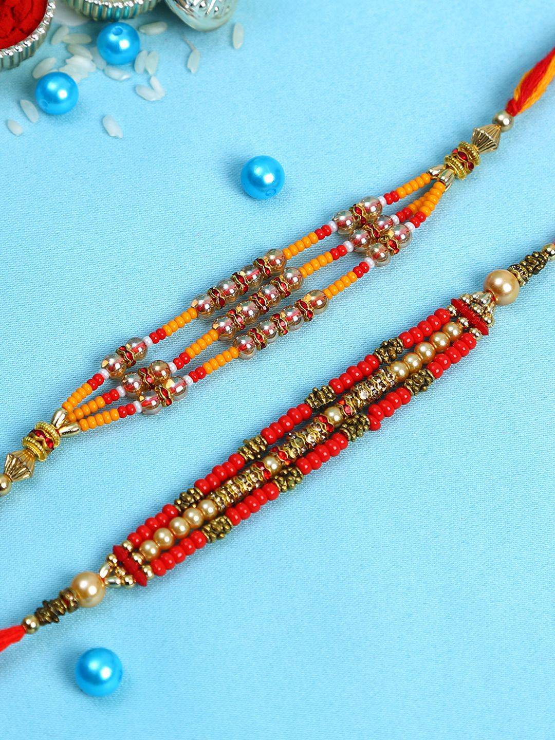 Anouk Set Of 2 Red Beaded Rakhi With Roli Rice & Greeting Card