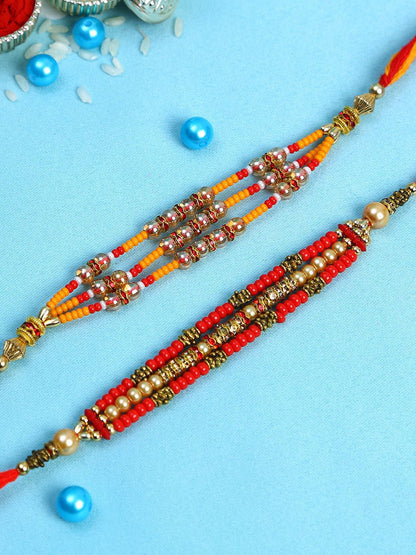 Anouk Set Of 2 Red Beaded Rakhi With Roli Rice & Greeting Card