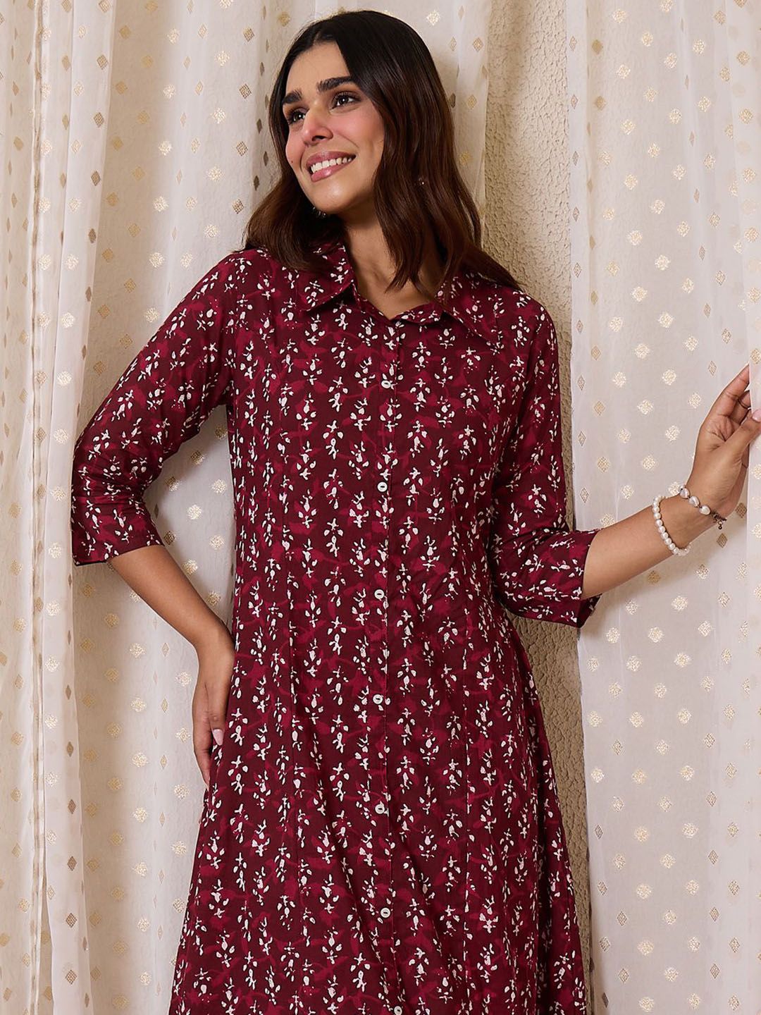 Dhiyona IE Printed Pure Cotton Shirt Collar Neck Tunic With Trousers