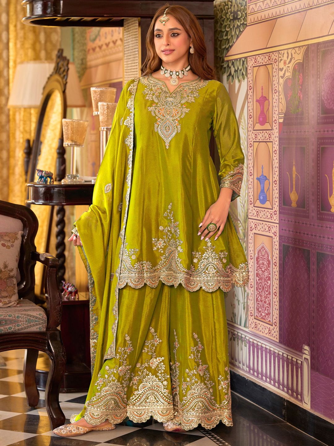 Ethnic Motifs Embroidered V-Neck Sequinned Kurta With Sharara & Dupatta