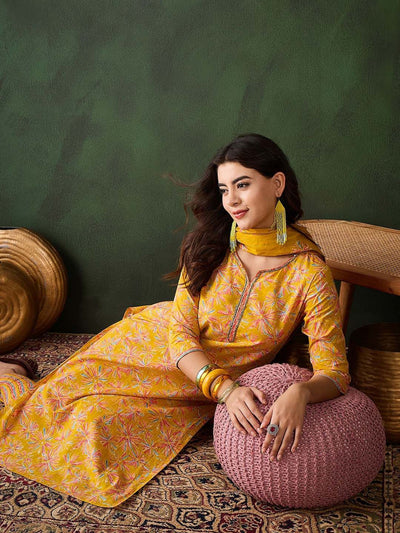 Indyancart SN Women's Floral Printed Sequinned V-Neck Straight Kurta & Trouser With Dupatta