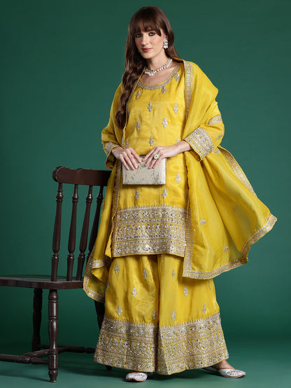 Indyancart IE Ethnic Motifs Embroidered Sequinned Kurta with Palazzos & With Dupatta