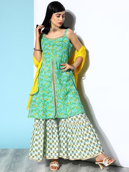 Indyancart VA Women's Green Ethnic Motifs Printed Pure Cotton Kurta with Sharara & Dupatta