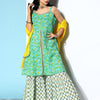 Indyancart VA Women's Green Ethnic Motifs Printed Pure Cotton Kurta with Sharara & Dupatta