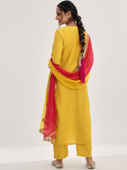 Indyancart VA Women'sYellow Yoke Design Ethnic Motifs Straight Kurta & Trousers With Dupatta